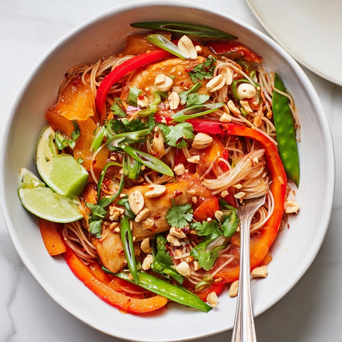 Sweet and spicy Thai Chili Chicken Noodle Bowls, ready to serve with lime wedges.