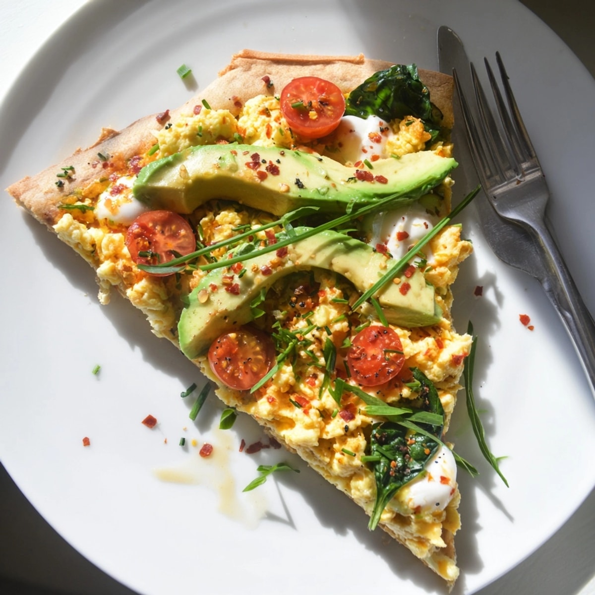 Close-up of Avocado Scrambled Egg Breakfast Pizza, golden crust with melted mozzarella.