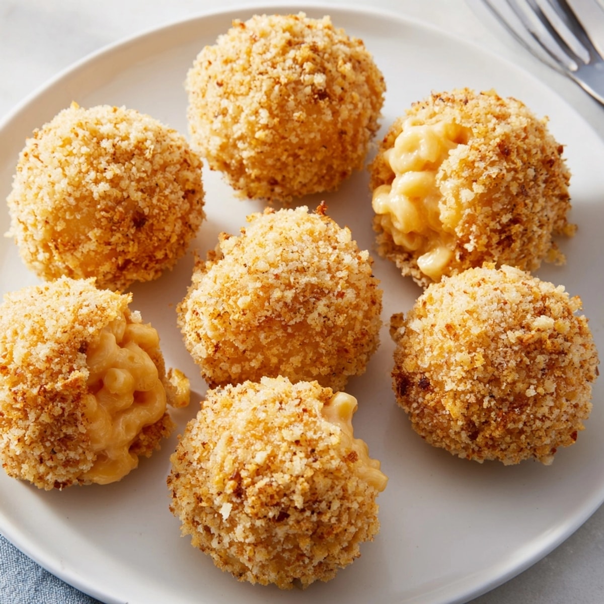 Crispy golden Cheesy Mac and Cheese Rice Balls fresh from the fryer, served warm.