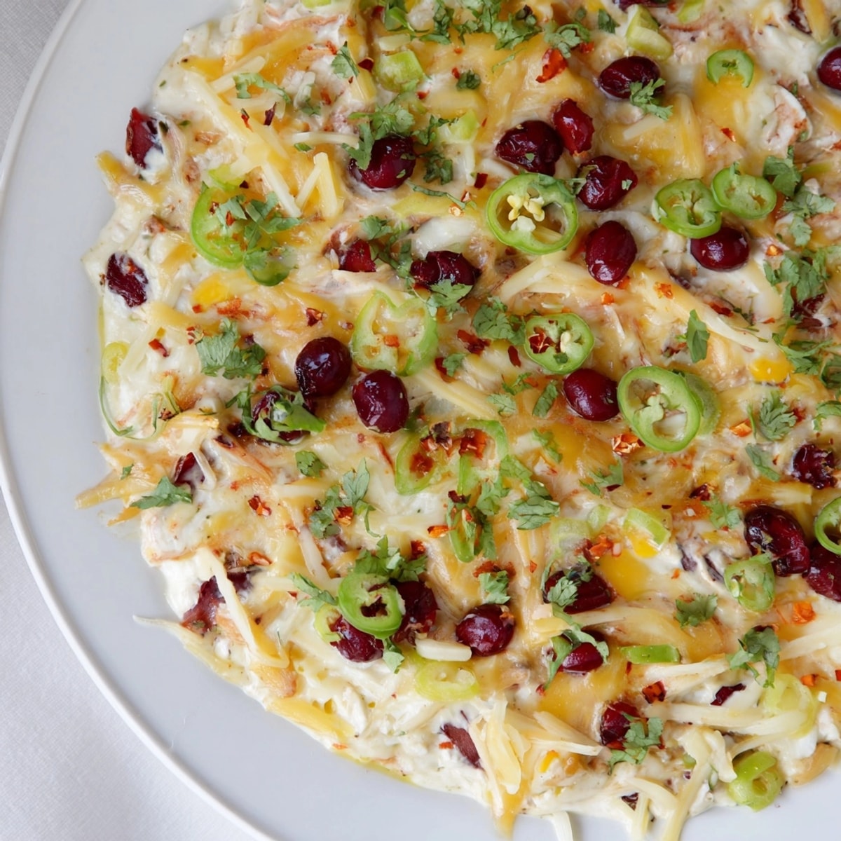 Rich Cranberry Jalape&amp;ntilde;o Queso Dip with melted cheese and bright cranberries; perfect appetizer.