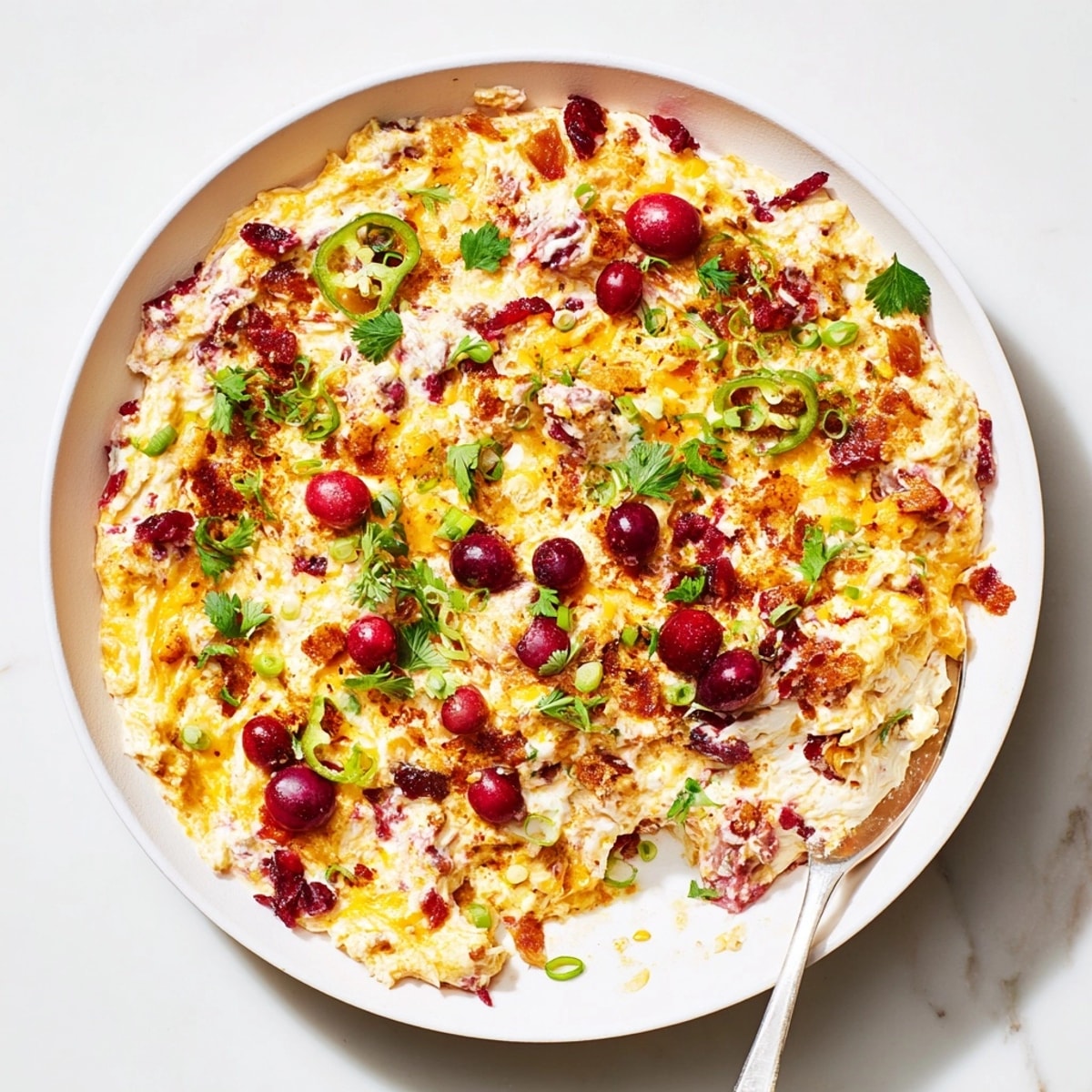 Imagine layers of creamy, spicy, sweet Cranberry Jalape&amp;ntilde;o Queso Dip being scooped onto tortilla chips.