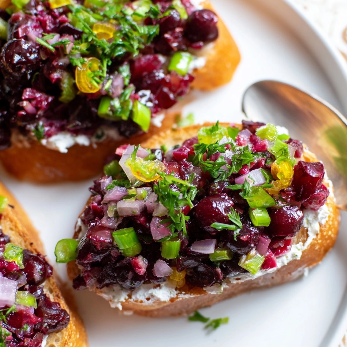 Close-up of Cranberry Jalapeño Tapenade Crostini, showing bright colors and inviting texture.