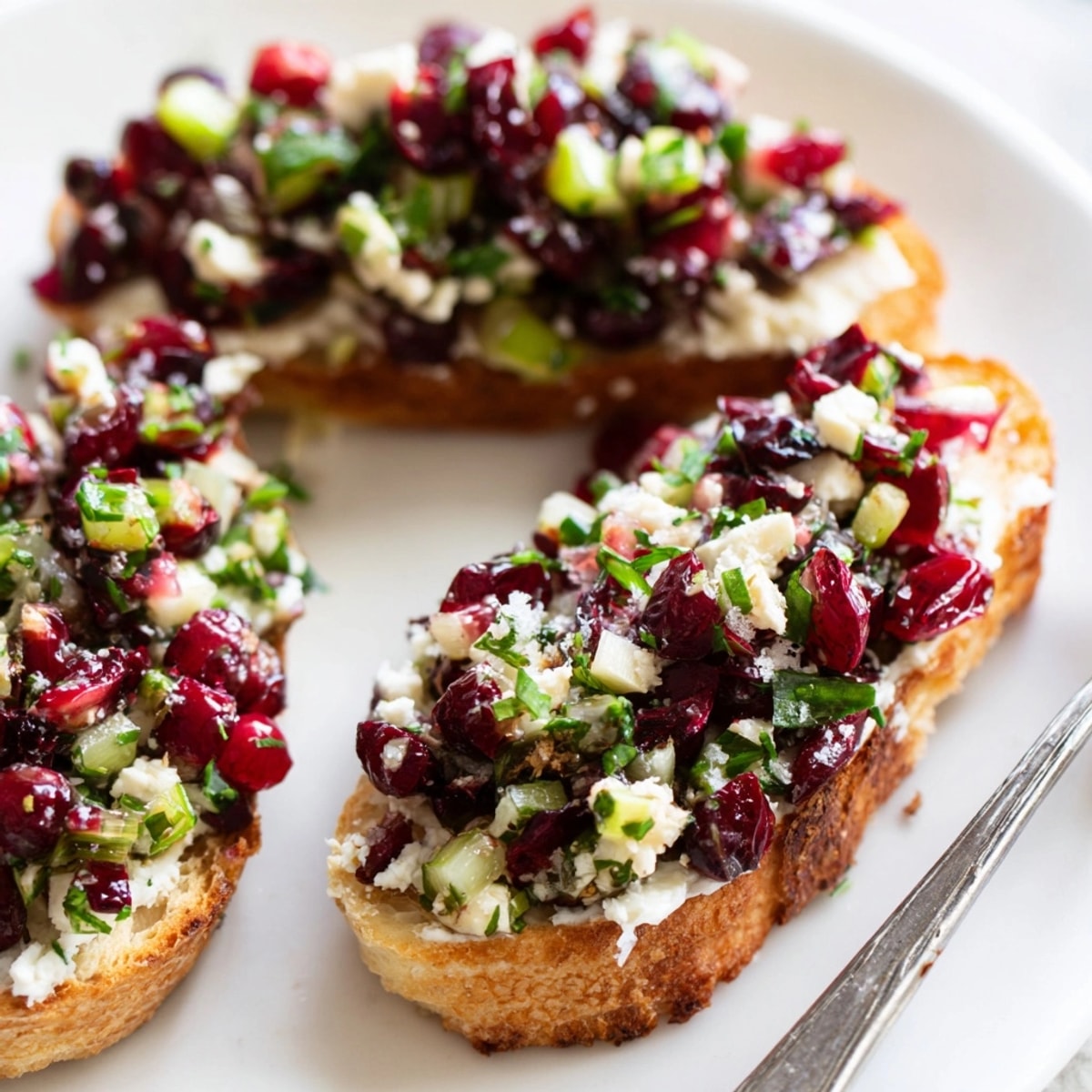 Festive Cranberry Jalapeño Tapenade Crostini arranged on a platter, perfect for holiday appetizers.