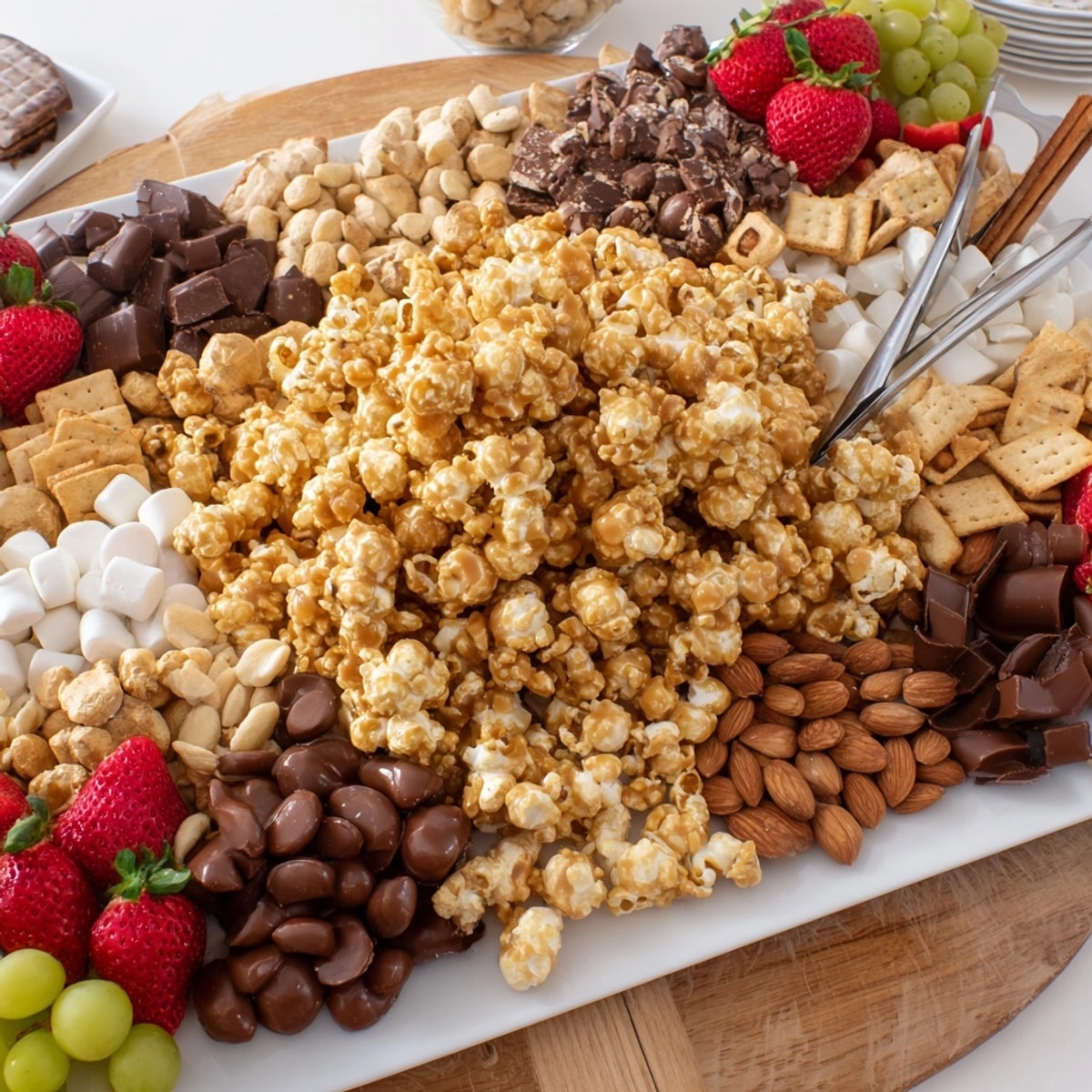 Eye-level view of a richly layered Caramel Popcorn Charcuterie Board with nuts, berries, chocolate.