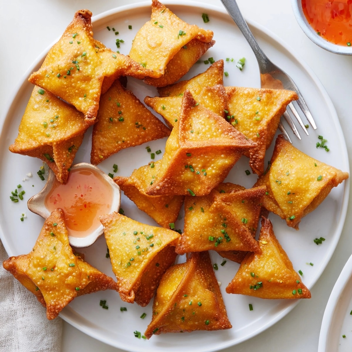 Homemade Crispy Pumpkin Wonton Bites: Warm, crunchy fall snack, garnished with fresh green chives.