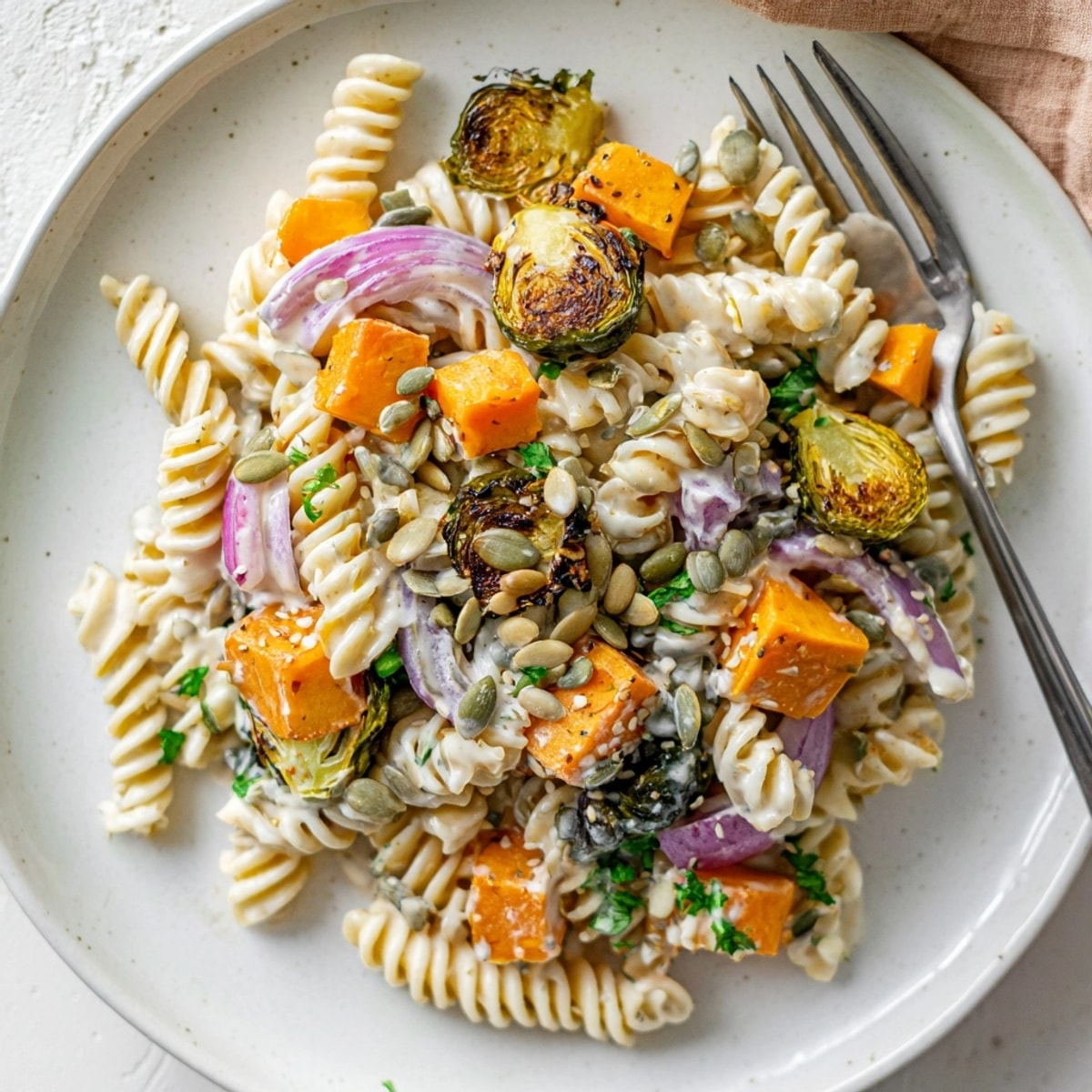 A colorful bowl of Miso Pasta Salad with Fall Veggies, garnished with pumpkin seeds.