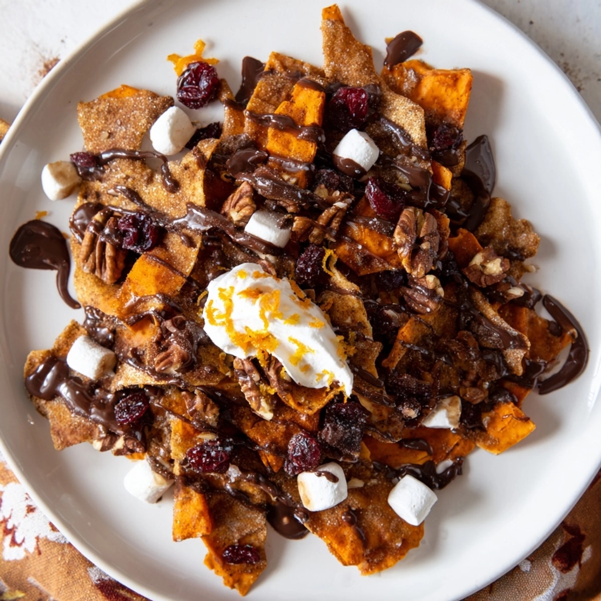 Overhead view of warm, gooey Spicy Thanksgiving Dessert Nachos, drizzled with chocolate.