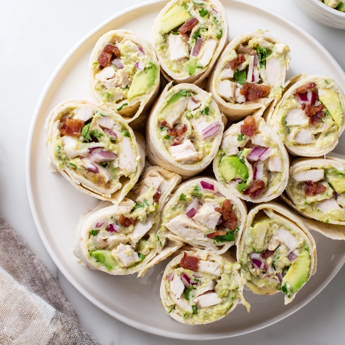 Colorful avocado chicken bacon pinwheels rolled tightly and served with dipping sauce.