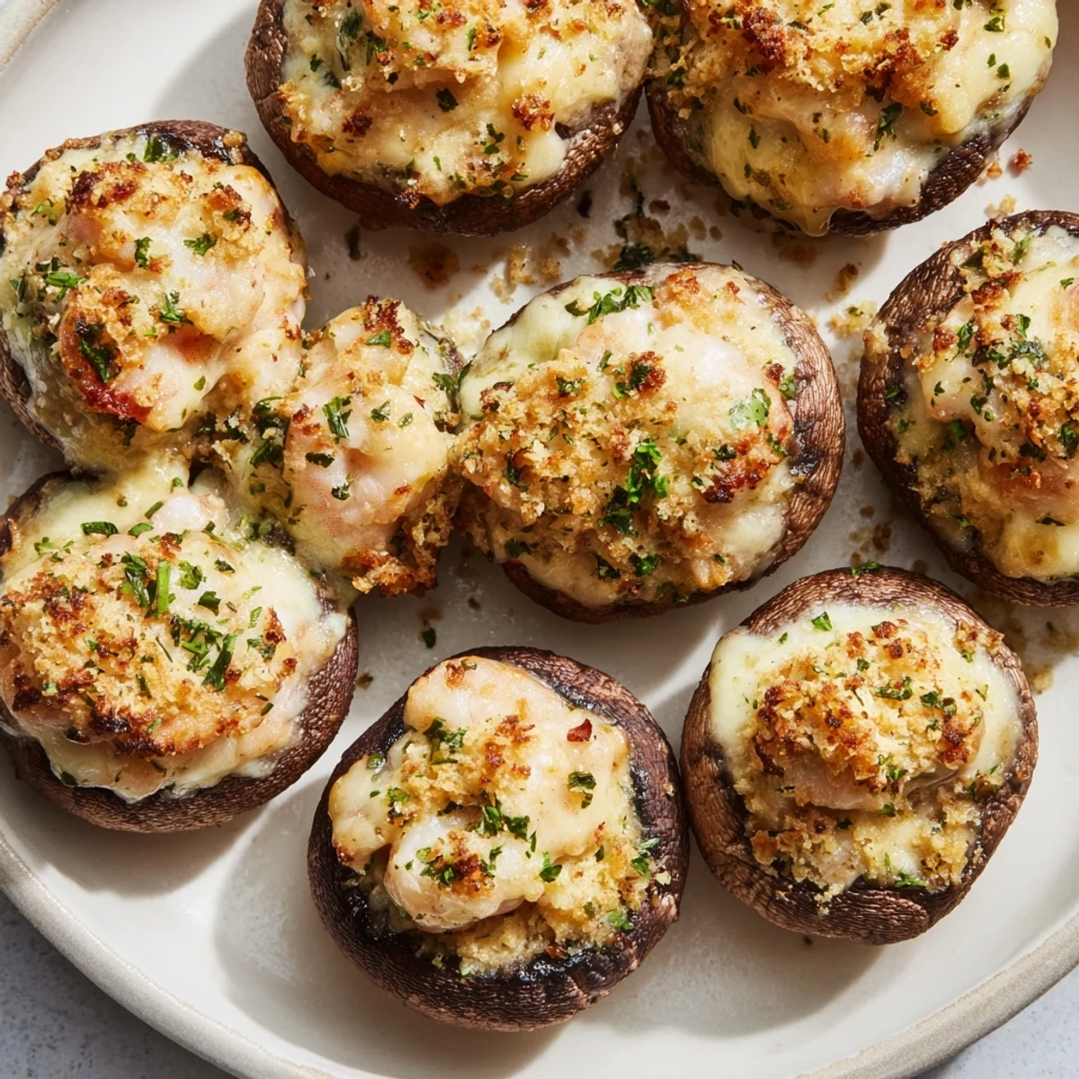 Delicious Shrimp Alfredo stuffed mushrooms topped with melted mozzarella cheese, perfect for appetizers.  