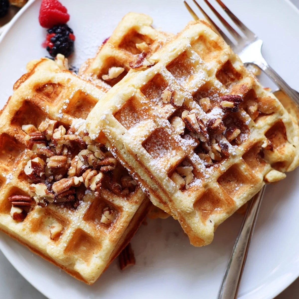 Light and fluffy Ricotta Lemon Hazelnut Waffles topped with fresh berries and honey.