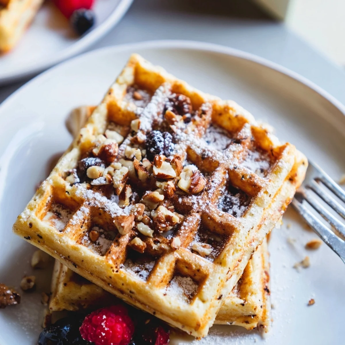 Deliciously airy Ricotta Lemon Hazelnut Waffles garnished with toasted hazelnuts and powdered sugar.