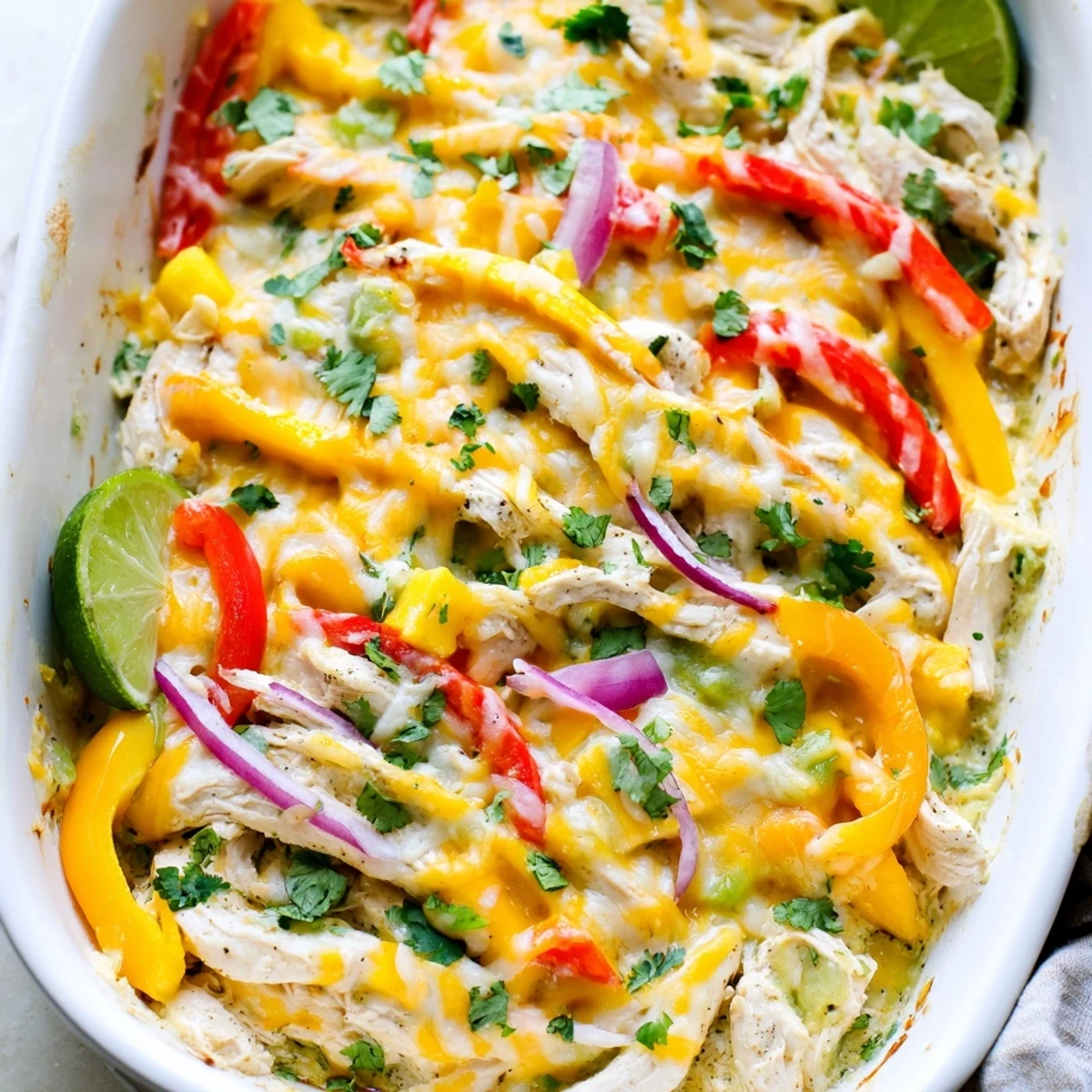 Mouthwatering mango chicken fajita casserole served with lime wedges and warm tortillas.