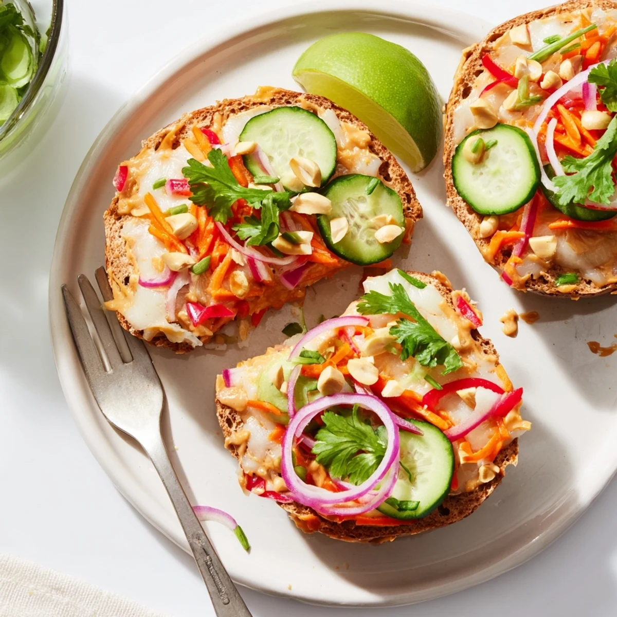 Creamy Thai Peanut Veggie Pizza Bagels topped with cheese and fresh veggies.