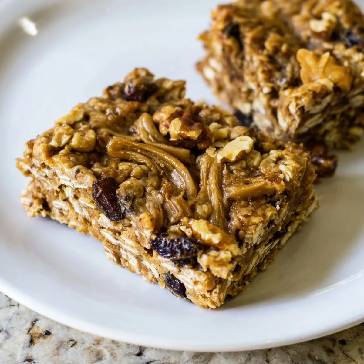 Deliciously spiced Peanut Butter Cinnamon Raisin Bars topped with plump raisins and walnuts.