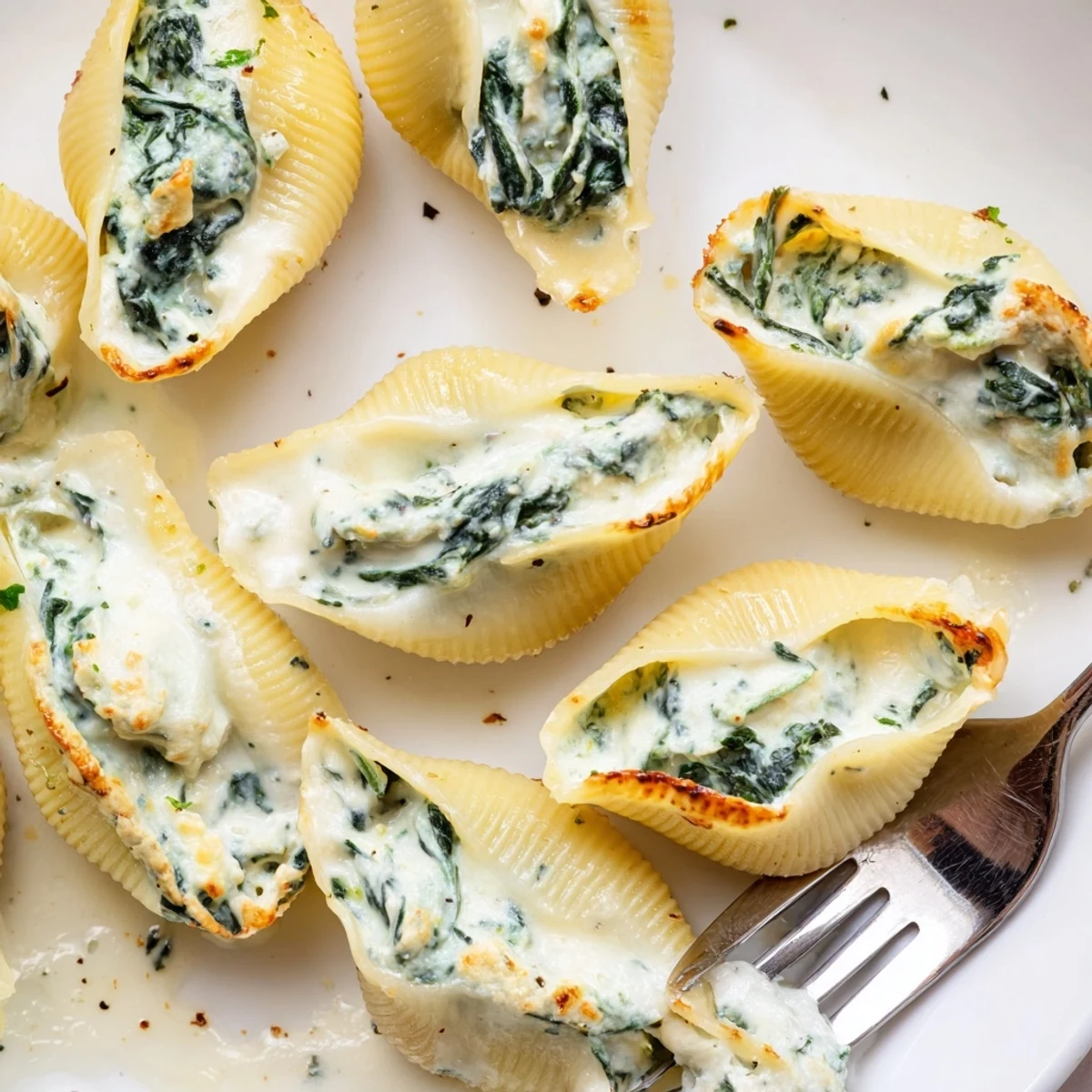 Creamy Alfredo Spinach Ricotta Stuffed Shells topped with melted mozzarella and fresh parsley.
