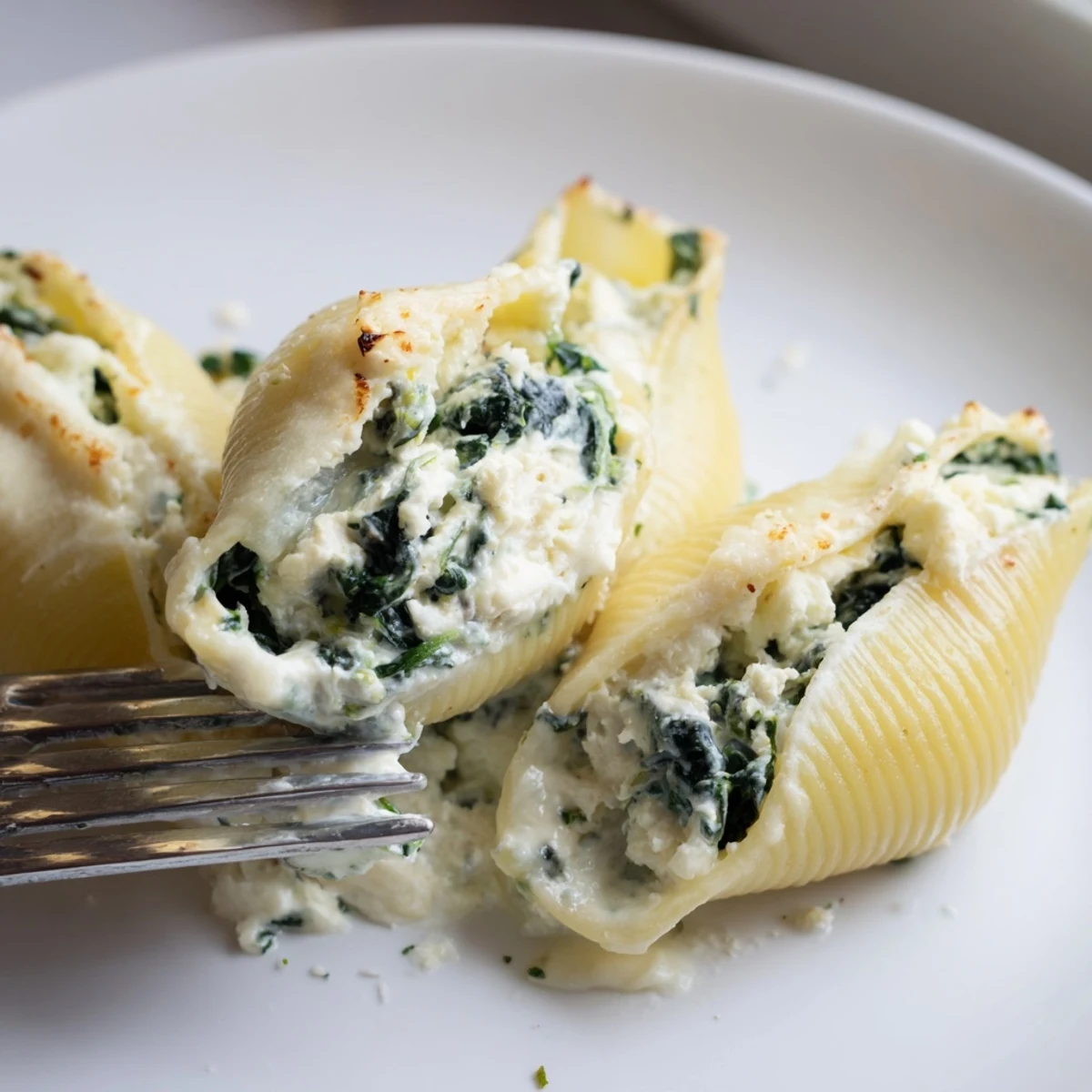Baked jumbo pasta shells stuffed with rich ricotta and spinach in Alfredo sauce.