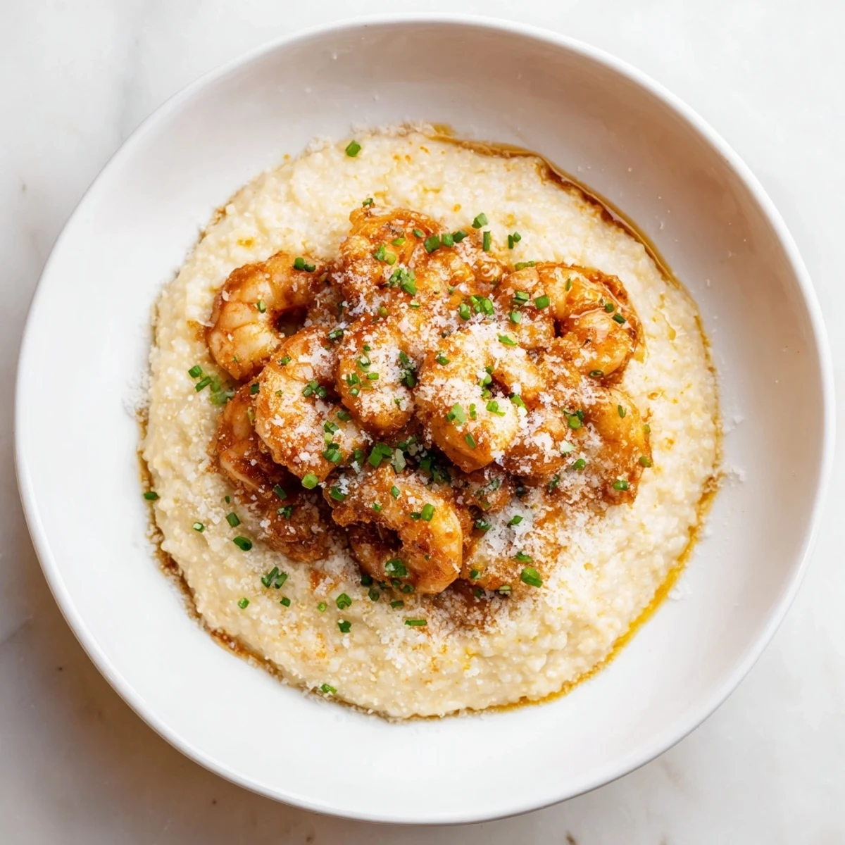 Creamy shrimp Parmesan grits bowl garnished with fresh herbs and garlic flavors.