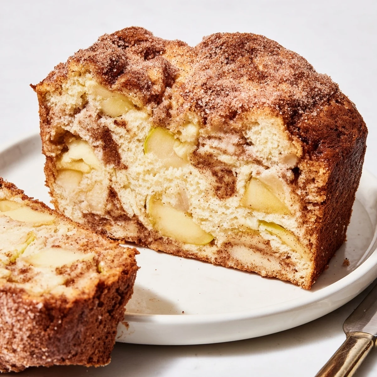Moist Ricotta Apple Cinnamon Bread, topped with crunchy turbinado sugar and warm spices.