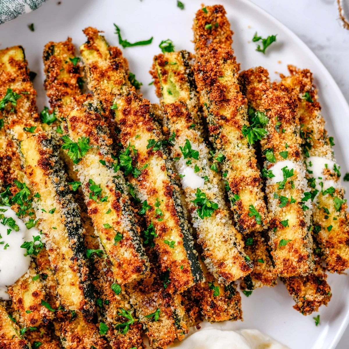 Crispy Cajun zucchini sticks golden-brown, perfect for dipping in ranch sauce.