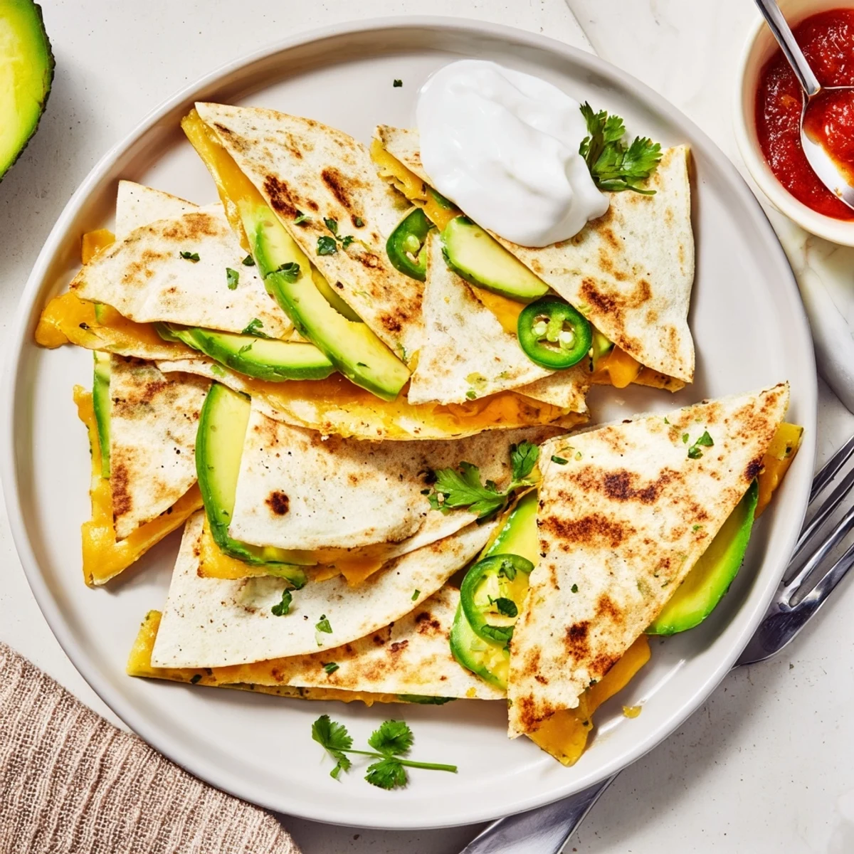 Melted sharp cheese and avocado-packed quesadilla, perfect for a quick meal.