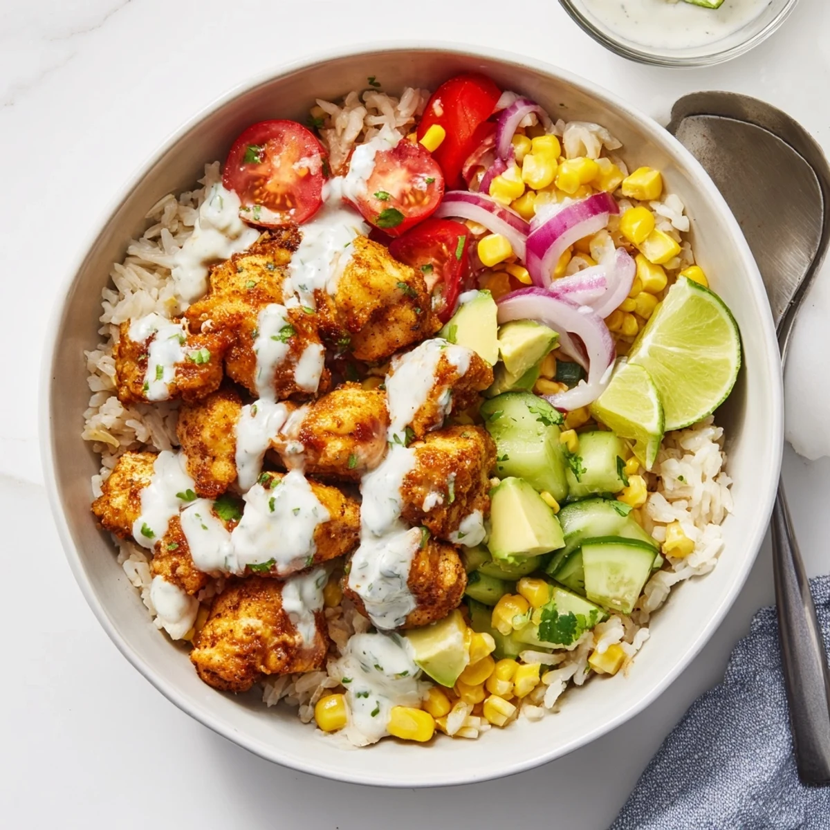 Vibrant Cajun Chicken Ranch Rice Bowls topped with fresh vegetables and creamy dressing.