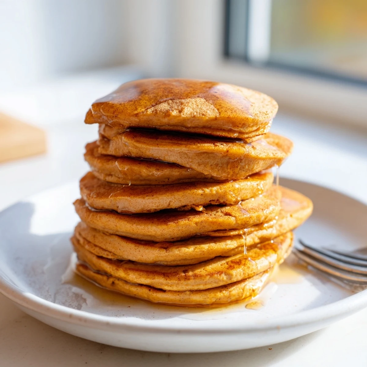 Fluffy cinnamon sweet potato protein pancakes, topped with fresh fruit and maple syrup.