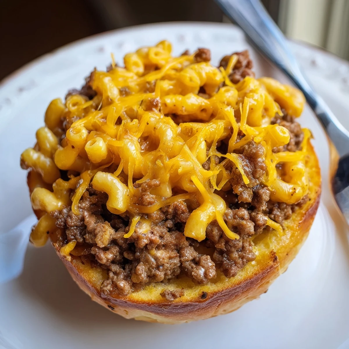 Decadent Mac and Cheese Cheeseburger Cups topped with golden cheddar and savory beef filling.