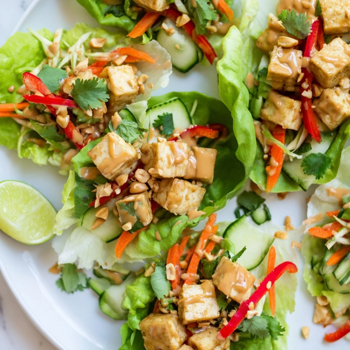 Crisp Thai Peanut Tofu Lettuce Wraps filled with fresh veggies and creamy sauce.