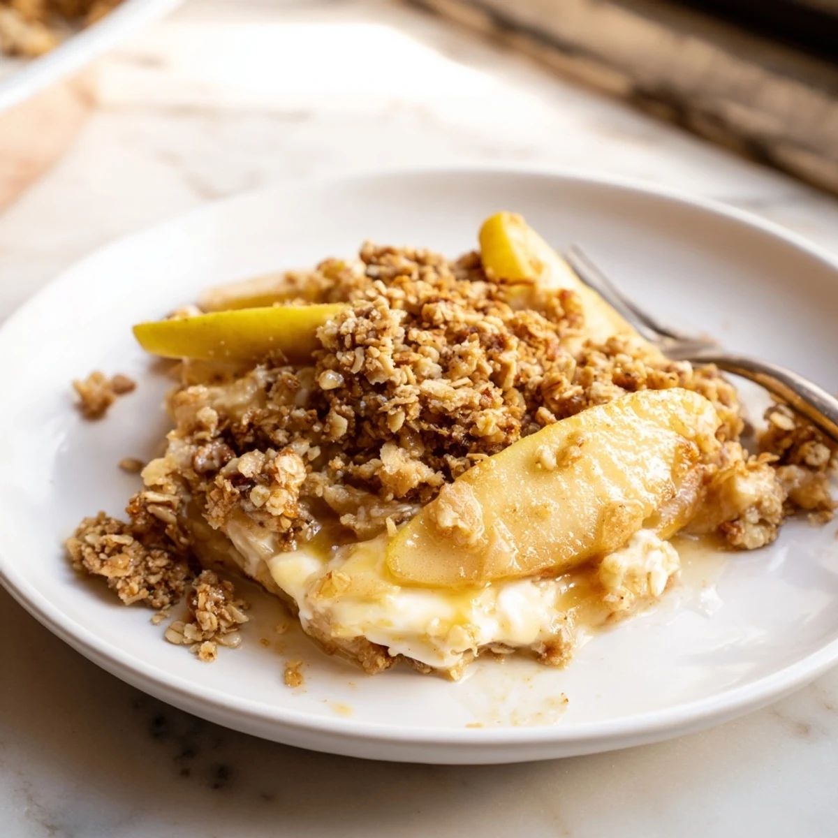Warm Ricotta Apple Granola Crisp topped with crunchy granola and baked apple layers.