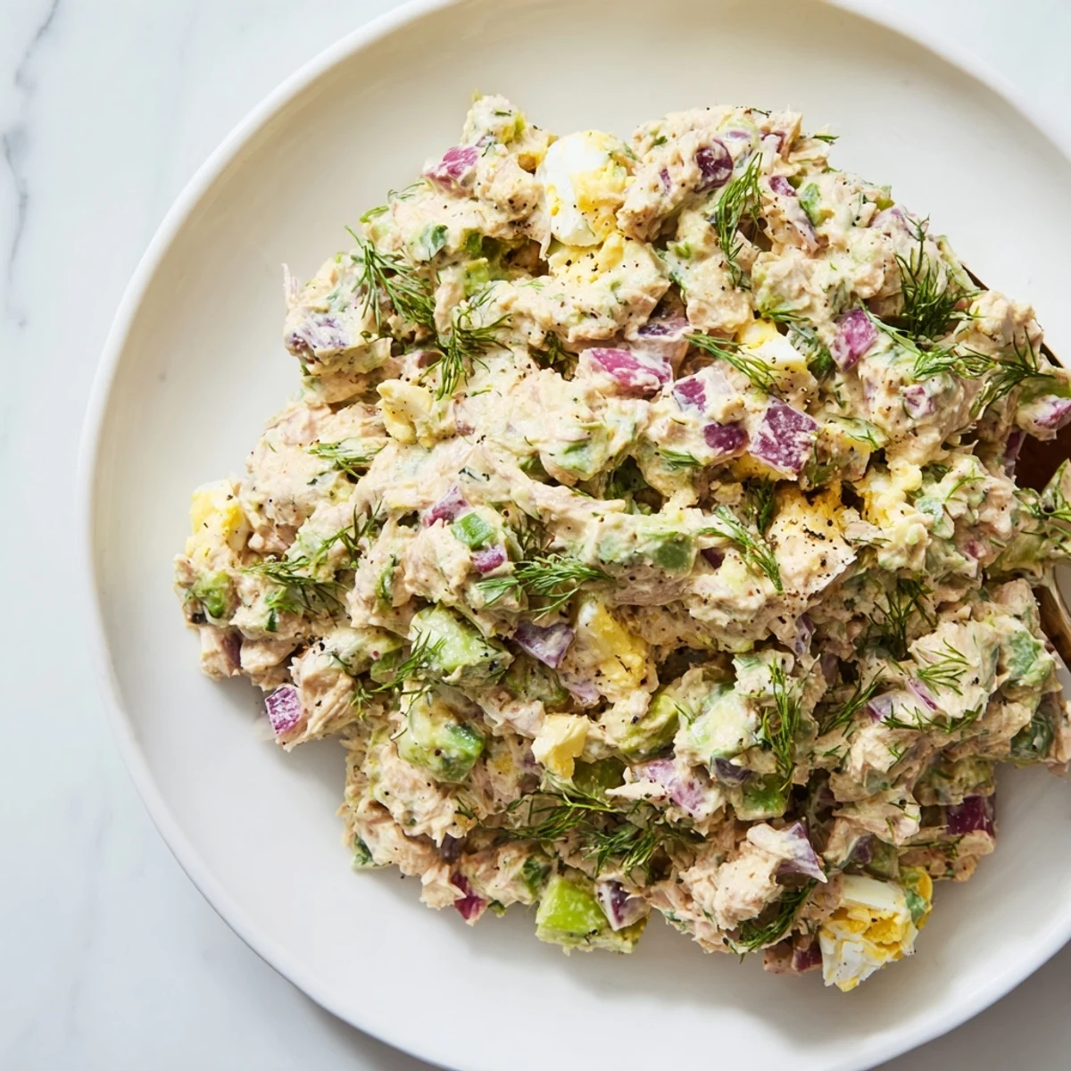 A vibrant bowl of avocado ranch tuna egg salad, perfect for light lunches.