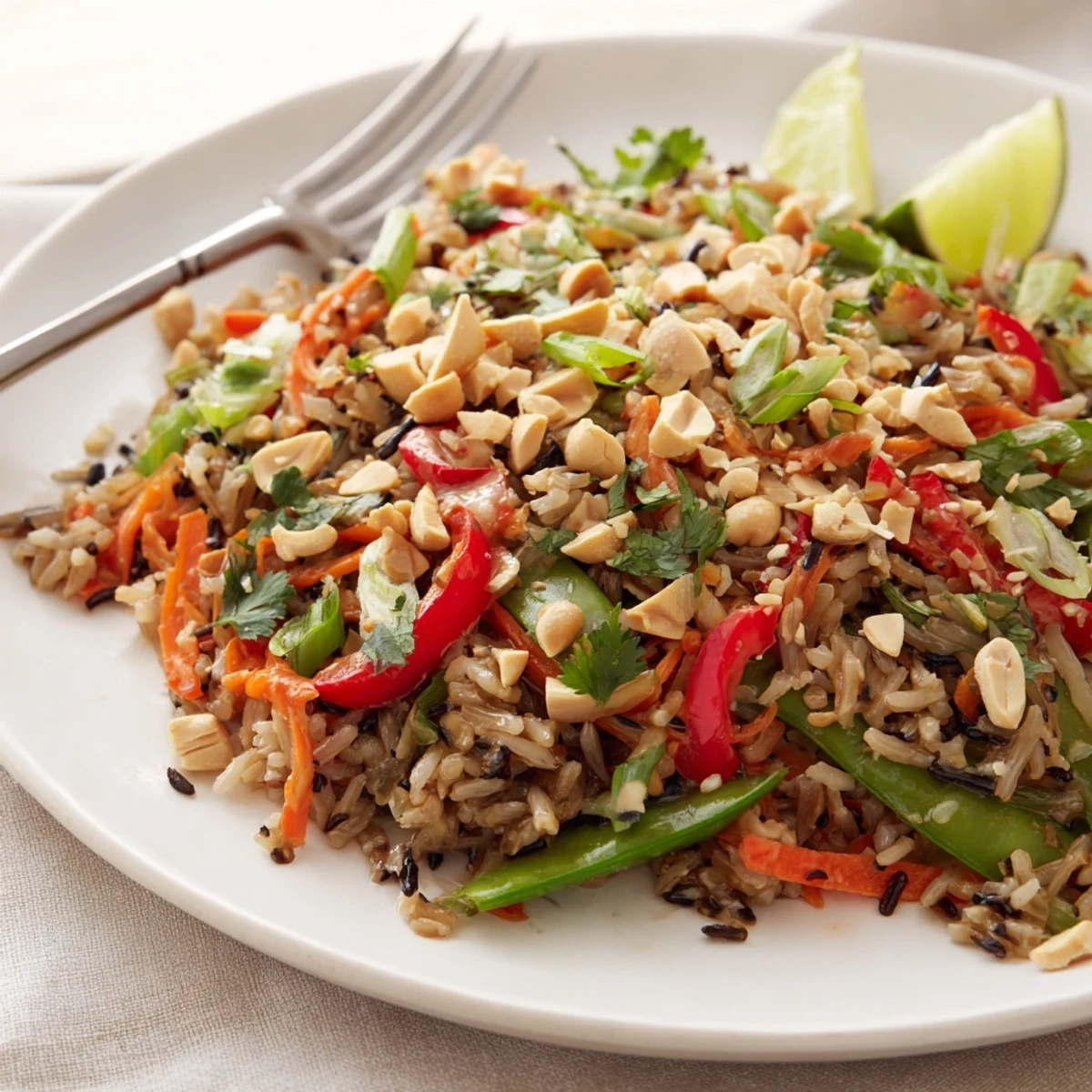 Nutty Thai Peanut Wild Rice Pilaf featuring colorful veggies and a creamy sauce.