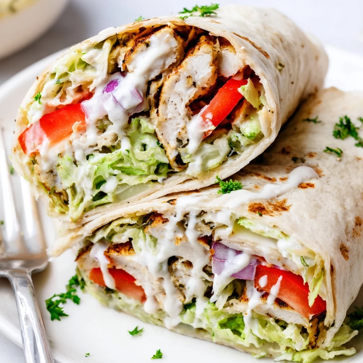 Savory Garlic Herb Chicken Alfredo Wraps packed with juicy chicken, fresh tomatoes, and herbs.