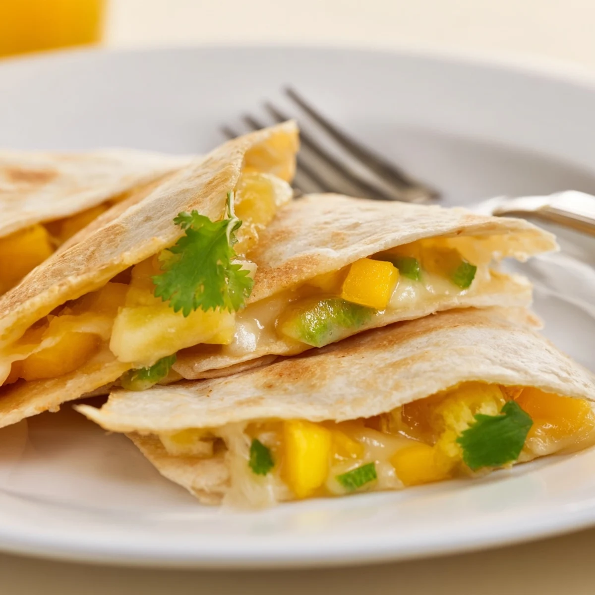 Cheesy mango quesadilla triangles, golden and crispy, bursting with tropical sweetness.