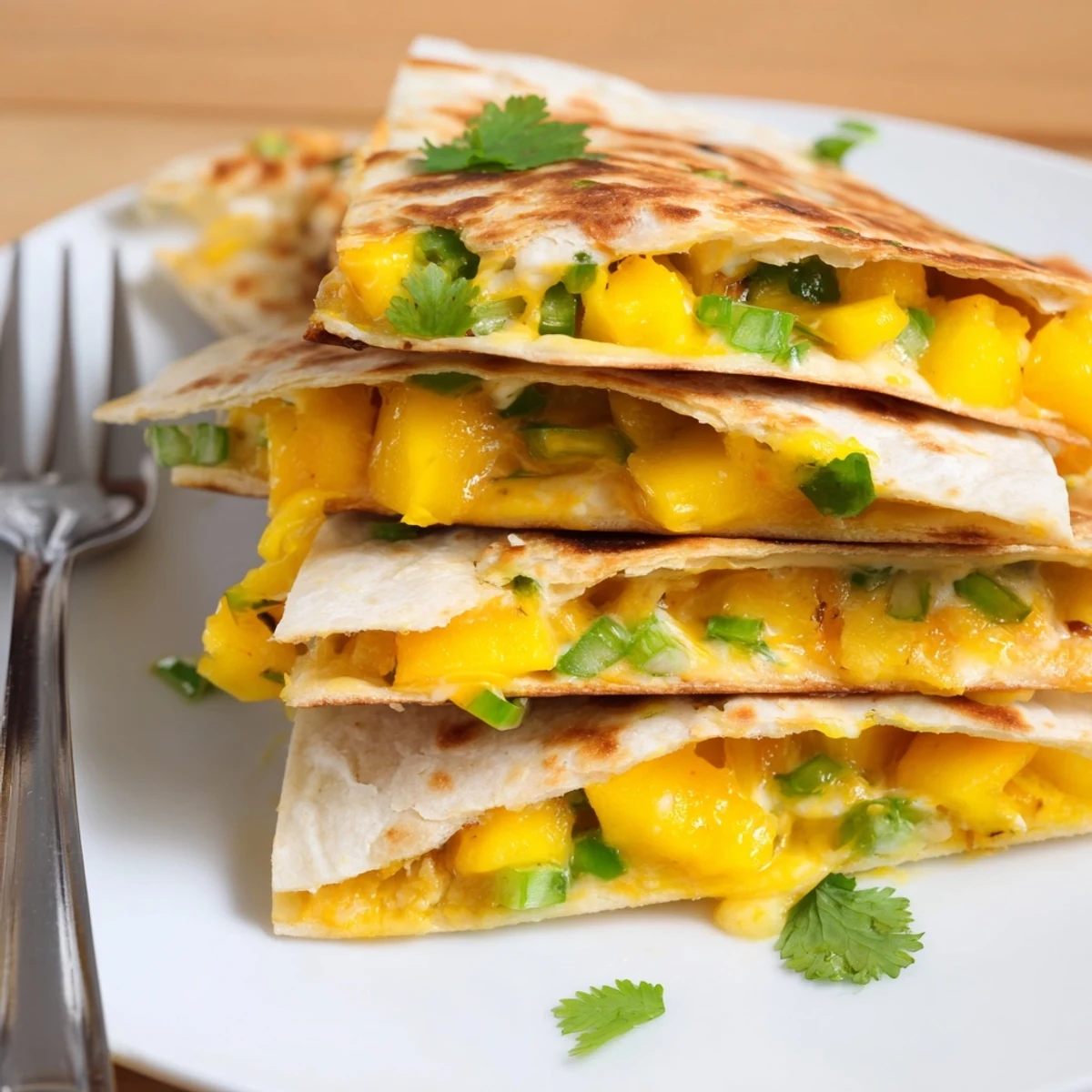 Delicious cheesy mango quesadilla triangles garnished with cilantro, ideal for dipping delights.