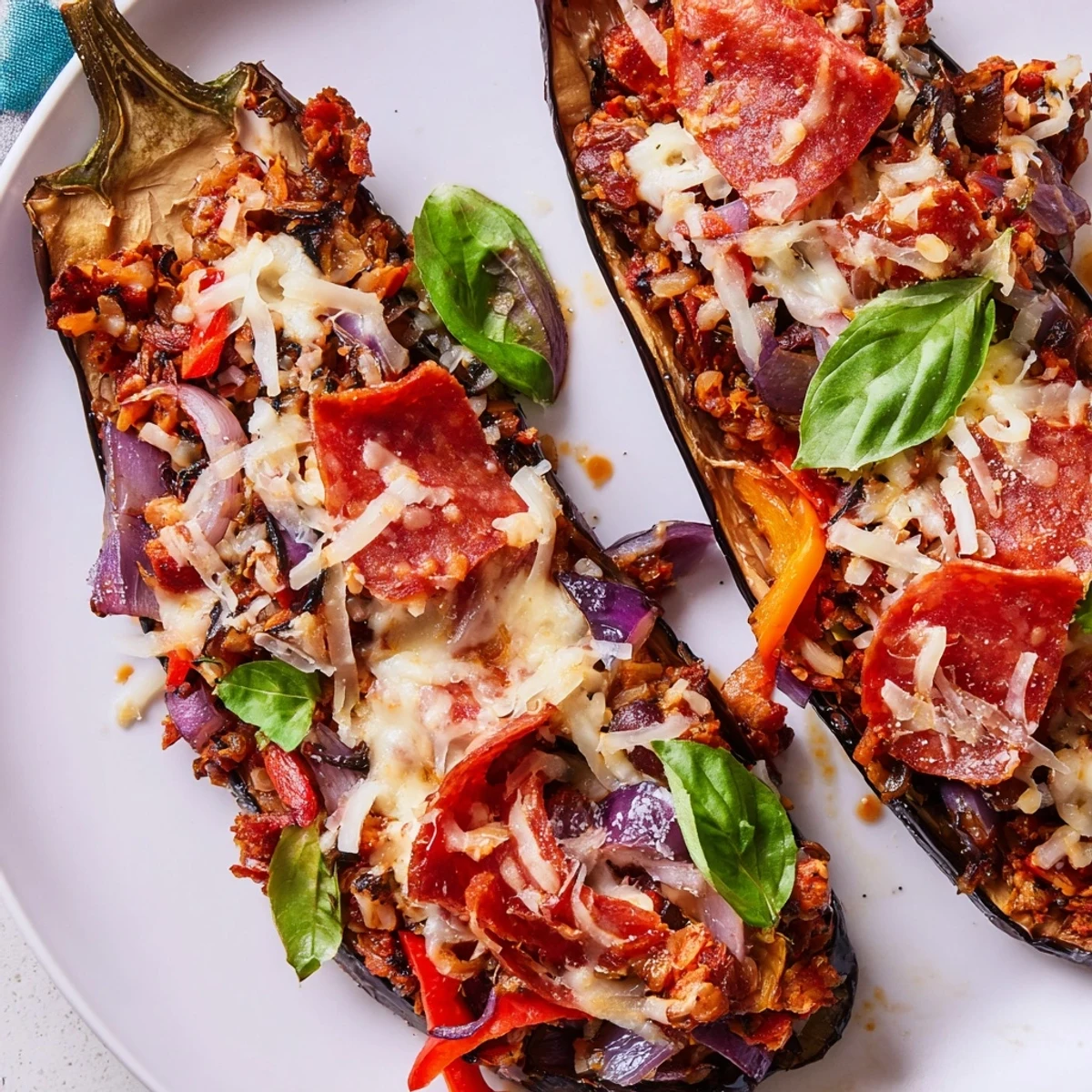 Colorful roasted eggplant halves filled with protein-packed mixture and classic pizza flavors.
