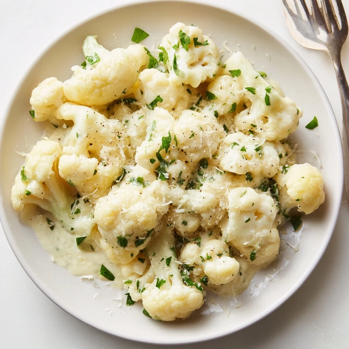 Creamy Alfredo cauliflower garlic skillet served hot, garnished with fresh parsley.