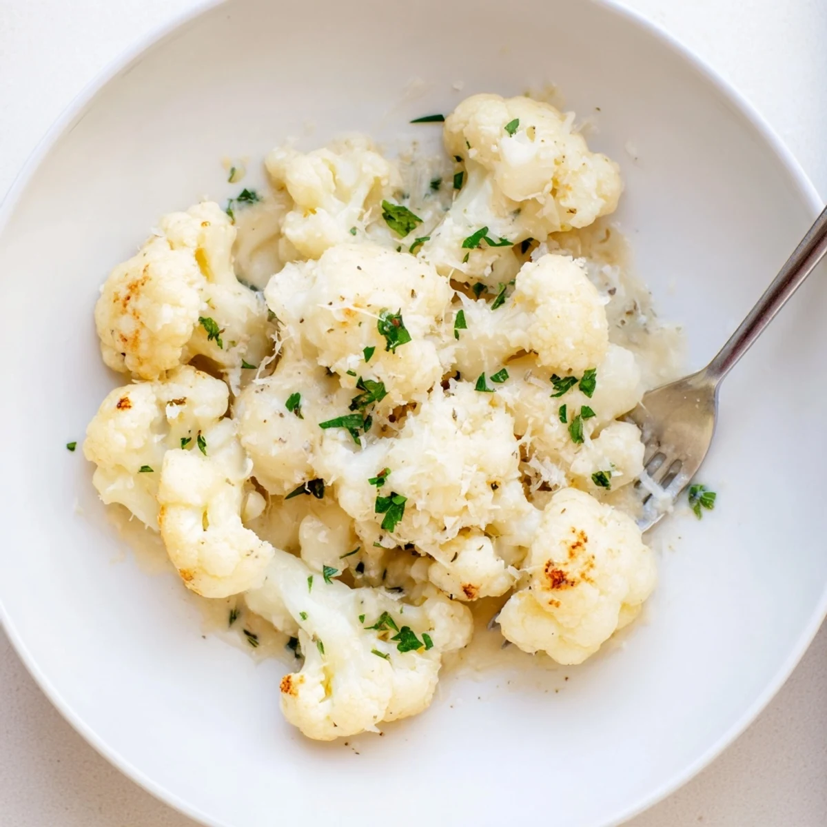 Rich Alfredo cauliflower garlic skillet featuring tender florets and melted Parmesan cheese.