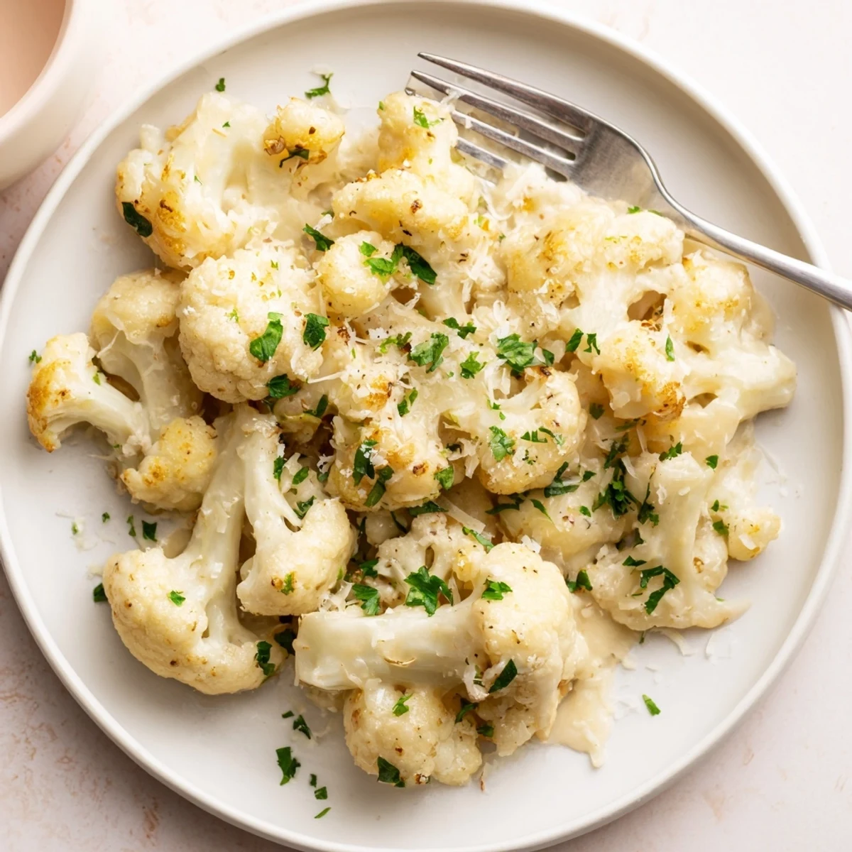 Sautéed garlic in a creamy Alfredo cauliflower skillet, perfect for a low-carb dinner.