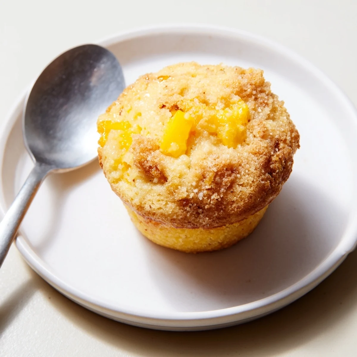 Golden brown Mango Lemon Ricotta Muffins, bursting with sweet, juicy mango chunks.