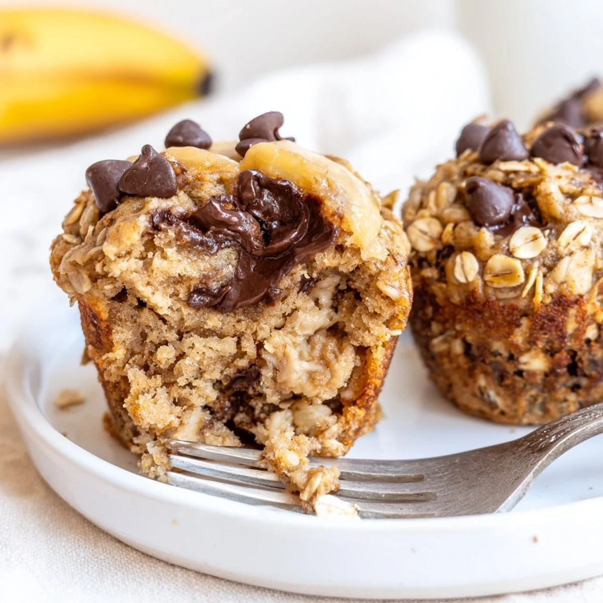 Golden-brown Peanut Butter Banana Oat Muffins with chocolate chips, perfect for breakfast.