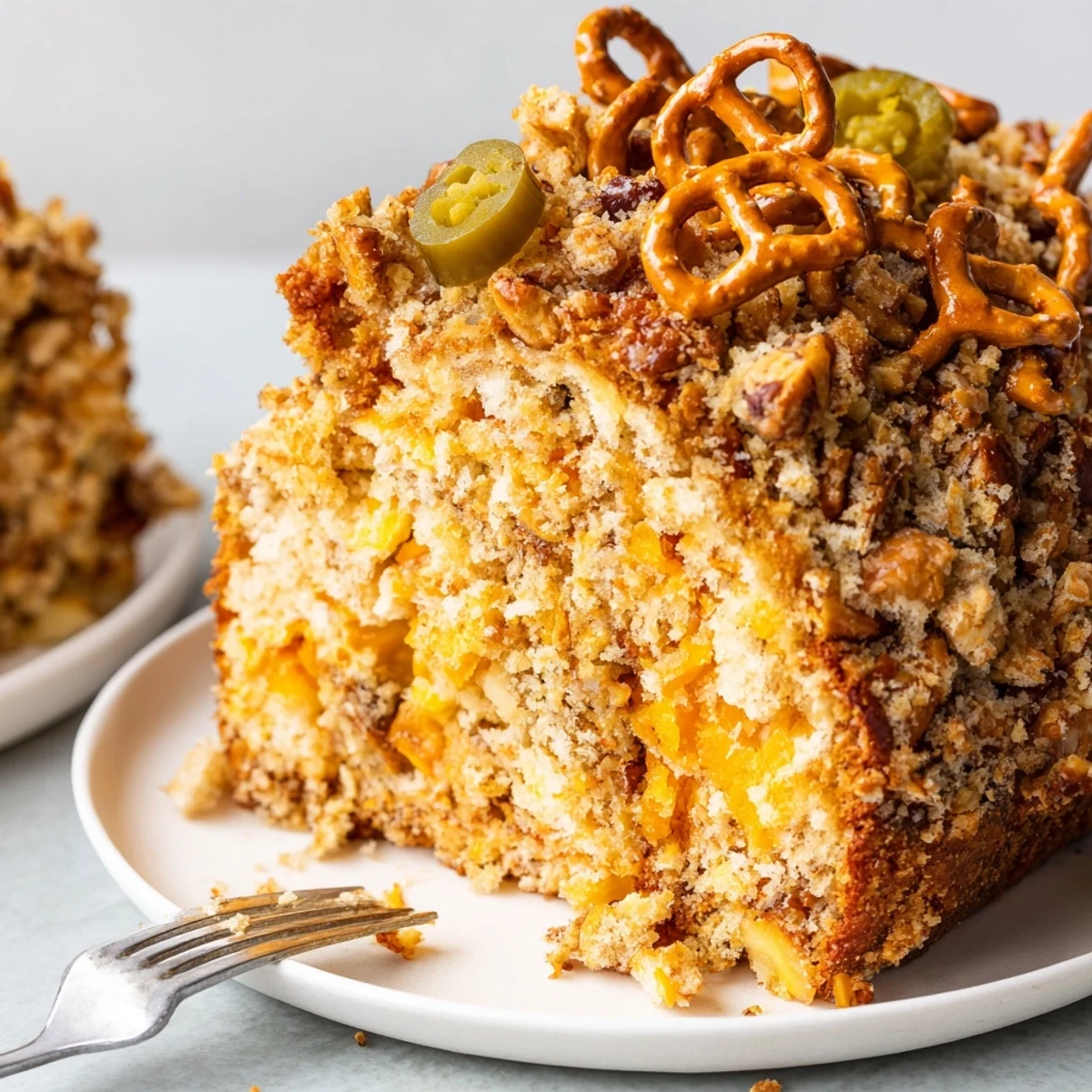 Slices of Spicy Ranch Pretzel Chaos Cake served warm, bursting with zesty ranch flavor.
