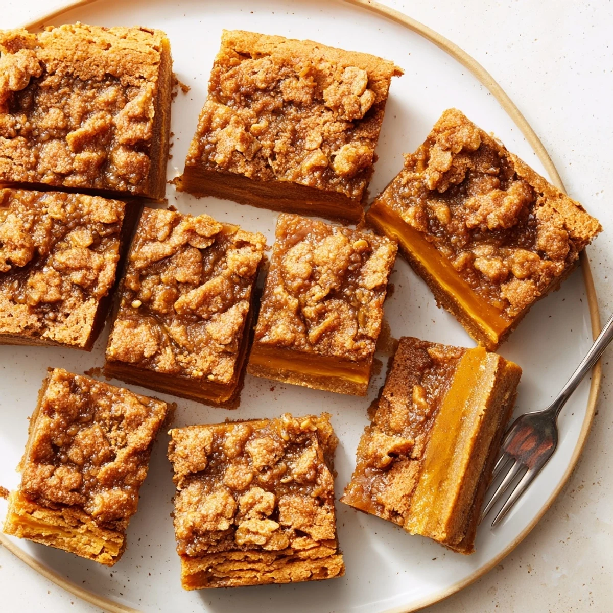 Decadent Coffee Crunch Pumpkin Pie Blondies topped with a sweet coffee crumble garnish.