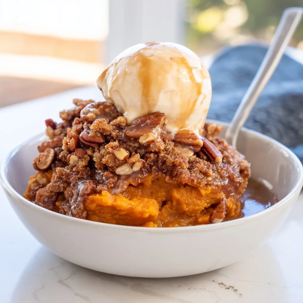 Creamy Sweet Potato Casserole Rebel Float with vanilla ice cream and crunchy pecan topping.