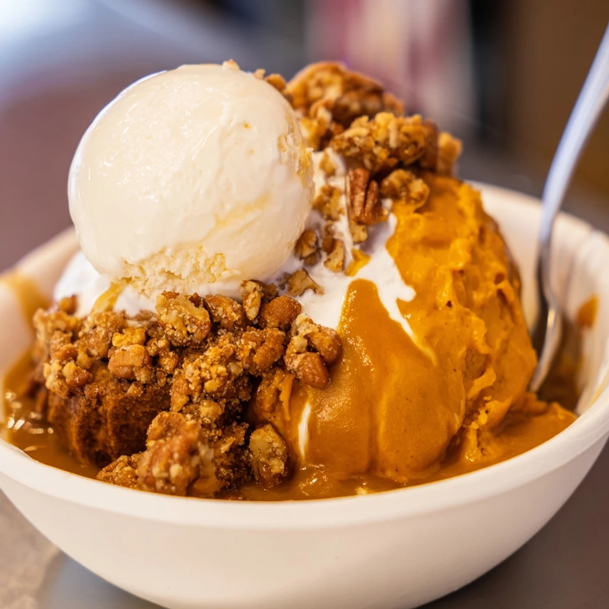 Delicious Sweet Potato Casserole Rebel Float topped with pecans and warm caramel sauce.