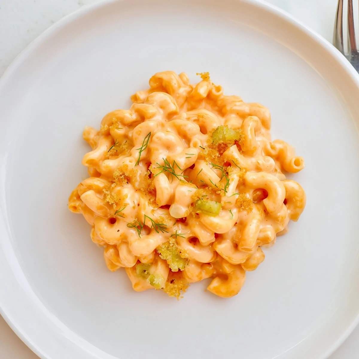 Creamy Sriracha Pickle Mac and Cheese topped with golden breadcrumbs and fresh chives.