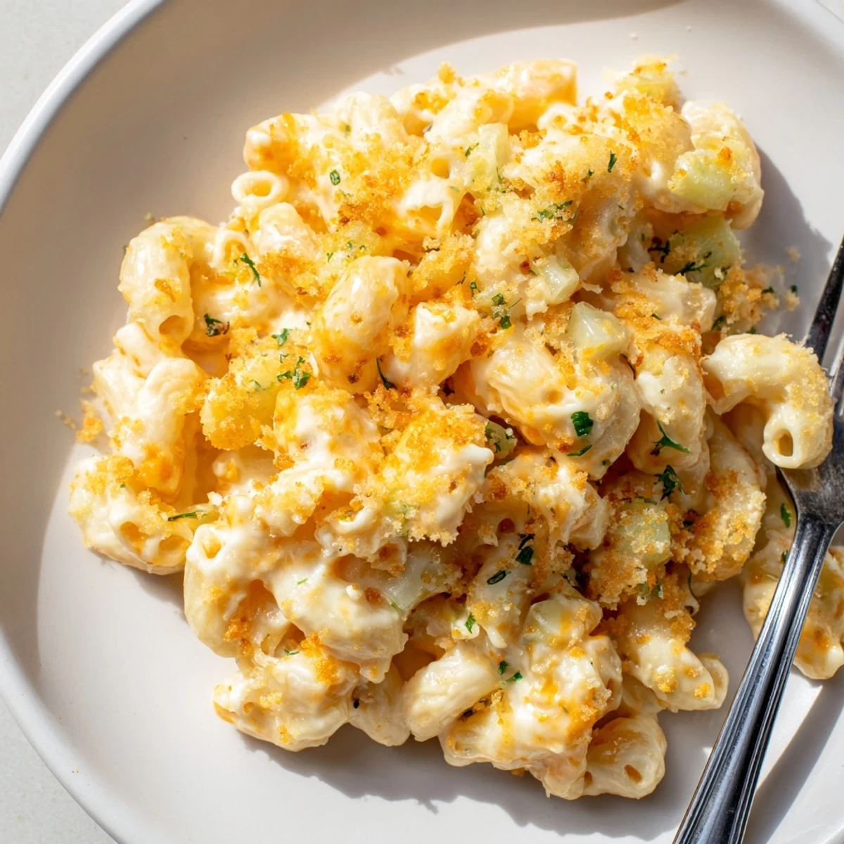 Spicy Sriracha Pickle Mac and Cheese, rich and comforting, perfect for a cozy dinner.
