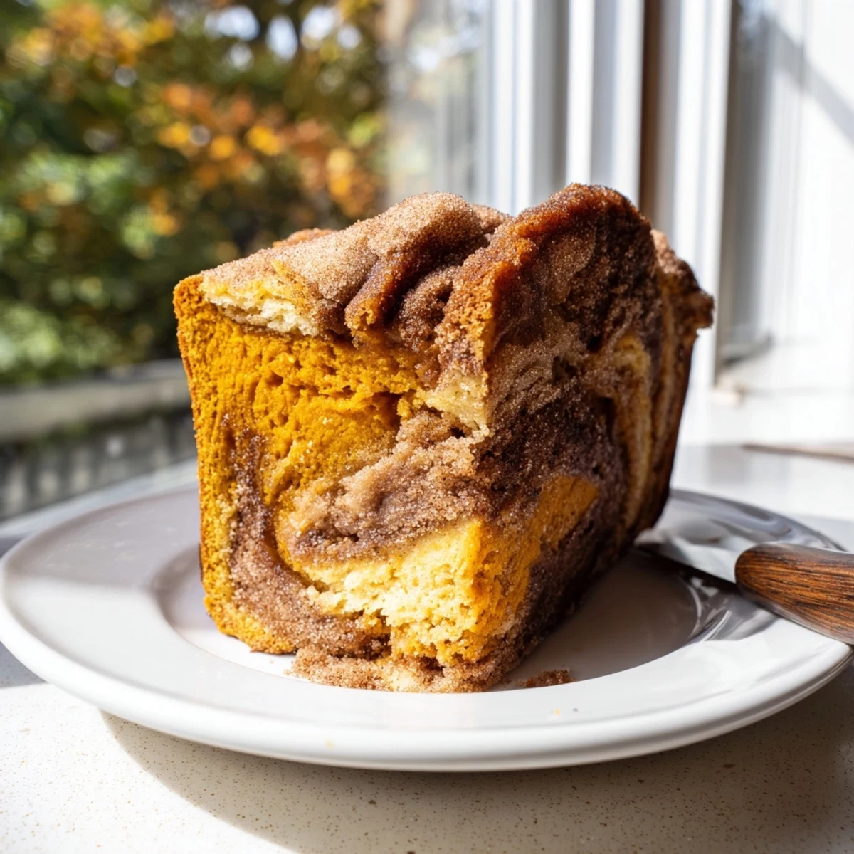 Moist churro pumpkin snickerdoodle bread with cinnamon sugar topping, perfect for fall.