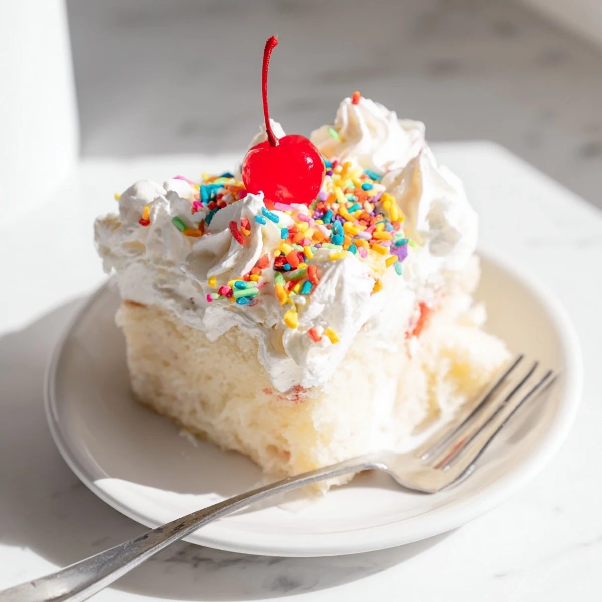 Mouthwatering Classic Soda Float Sheet Cake drizzled with soda-flavored icing and sprinkles.
