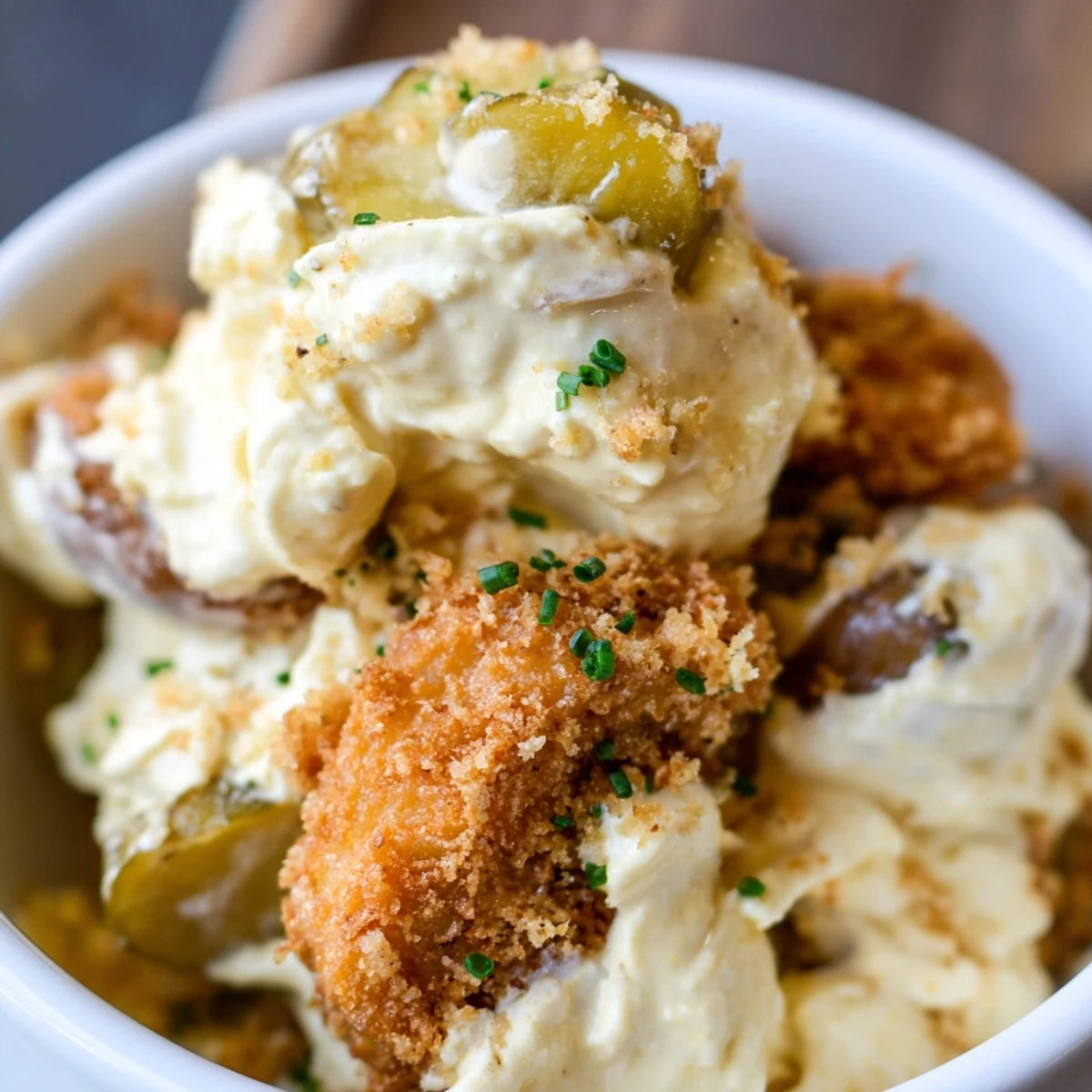 Creamy Honey Butter Fried Pickle Dip served in a bowl, garnished with chives.