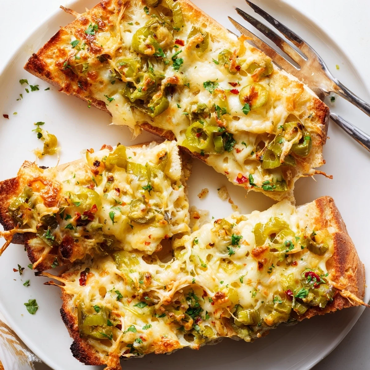 Crispy chili cheese garlic bread slices, golden brown with spicy toppings for flavor.